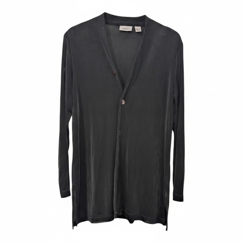 Chicos Travelers Black Long Sleeve Button Front Cardigan Knit Top Size 2 (12/14)